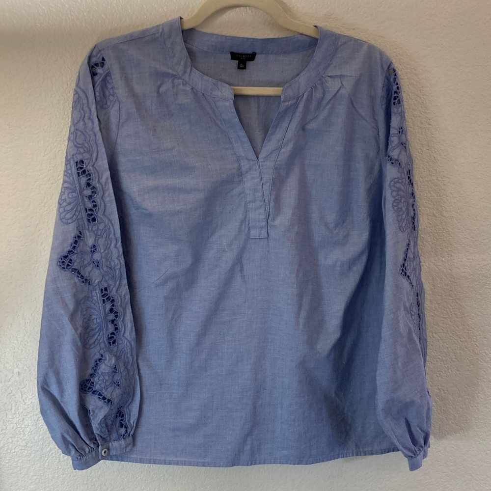 Embroidered Talbots Light Blue lavender Blouse bishop sleeves boho 100%cotton mp